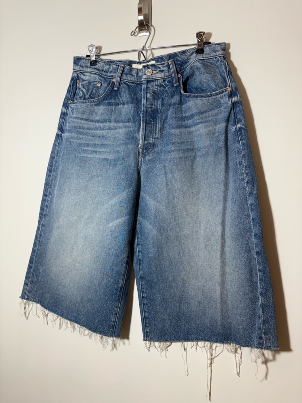Mother The Whole Lot Fray Shorts Womens 29 Blue Denim Cutoff Long Raw Hem - Picture 2 of 9